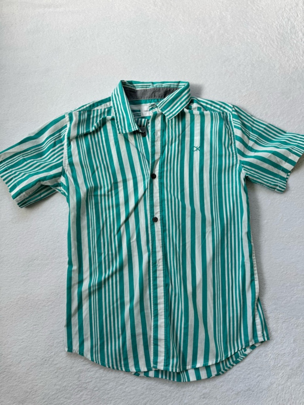 Vintage Calvin Klein Jeans Green and White Vertical Stripe Short-Sleeve Shirt